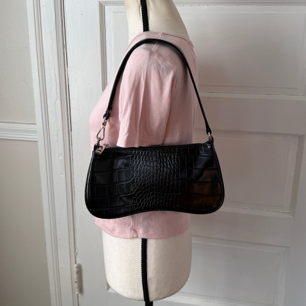 JW PEI Black Crocodile Shoulder Bag Y2K Streetwear Zip Close Silver‎ Hardware